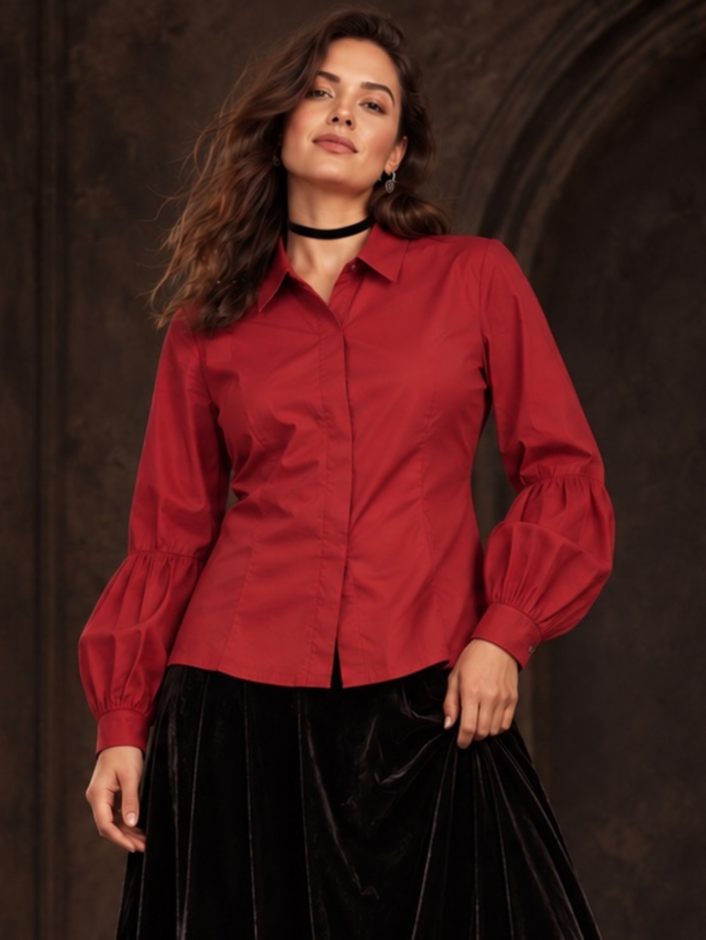 MEXX Cherry Red Cotton Stretch Ruched Balloon Sleeve Blouse Size 14